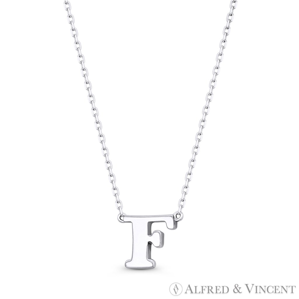 Small Initial Letter "F" Pendant & Chain Necklace In Solid 14k White Gold